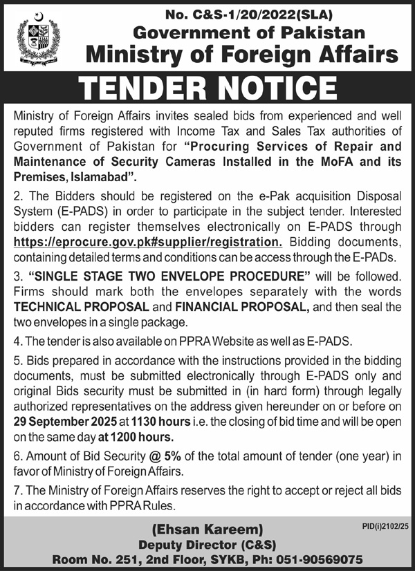 Ministry of Foreign Affairs Tender Notice-1